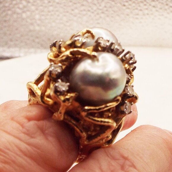 OCEAN 14K GOLD 32 GR., W/ 2 -12 MM GREY MOBE PEARLS & .34 TW DIAMONDS SZ. 4 RING - Picture 7 of 10